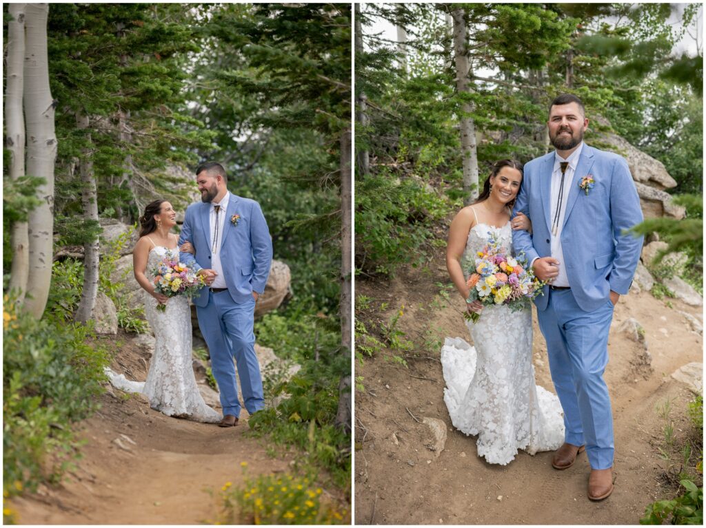 Bride leaning head onto groom's shoulder on walk in Steamboat