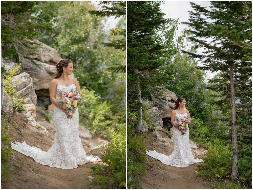 Bride holding bouquet on trail in Steamboat Springs