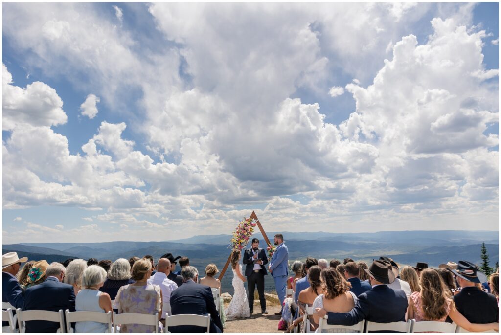 View of guests seated during ceremony at Steamboat mountain