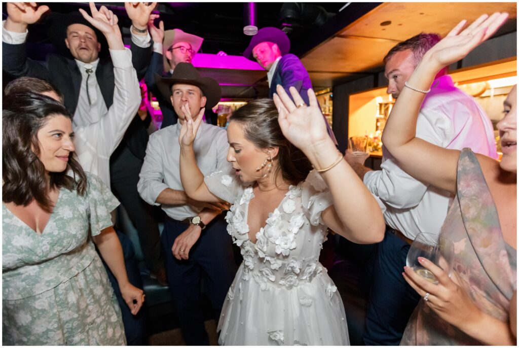 Guests open dancing during wedding reception at Table 79 in Steamboat Springs