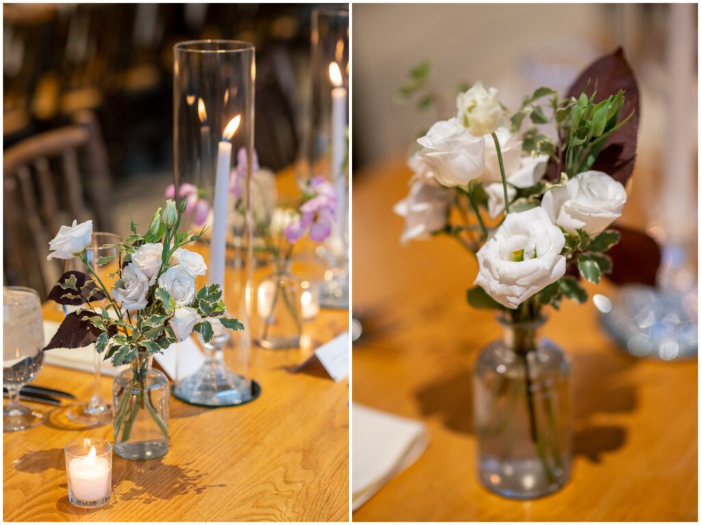 Flowers and candles on reception table at at ten mile station